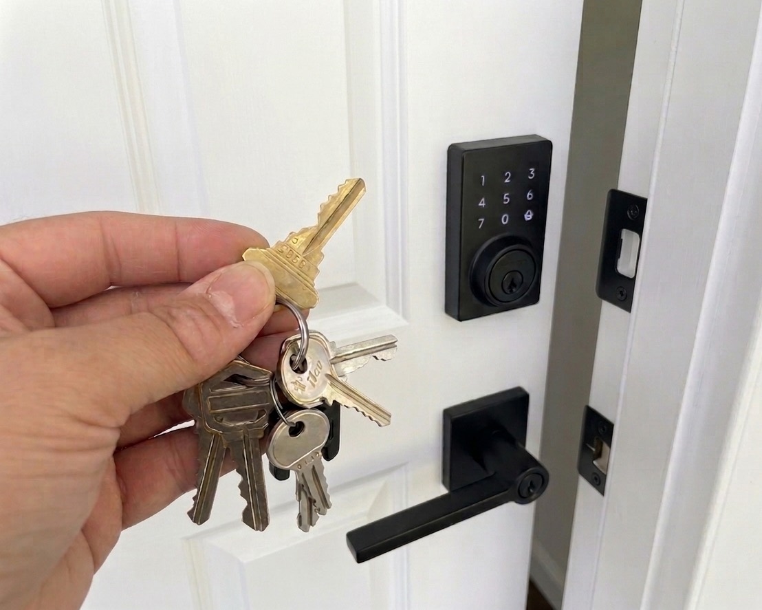 Clés et serrure à code sur une porte d'entrée