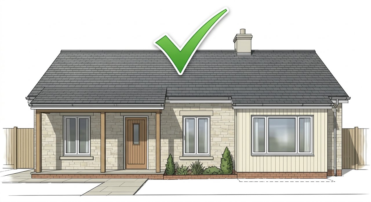 Illustration d'une maison de plain-pied (bungalow) avec un crochet vert, le type de maison qu'on dessert